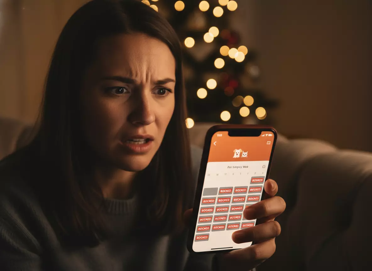 Frustrated person on phone looking at fully booked calendar