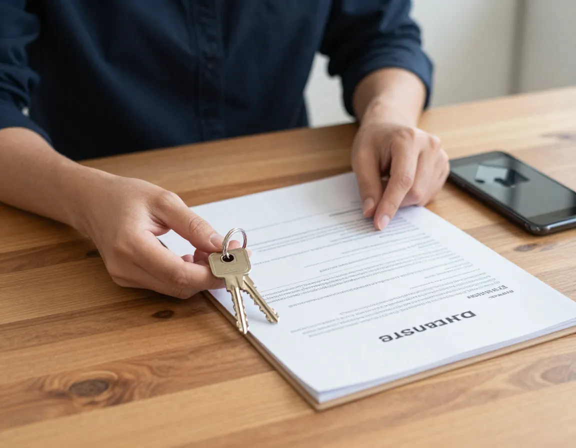 Pet sitter holding house keys with insurance document on table