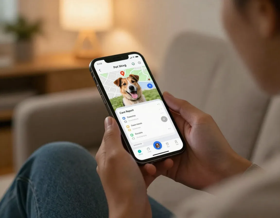 Client using mobile app to view real time pet sitting updates and gps