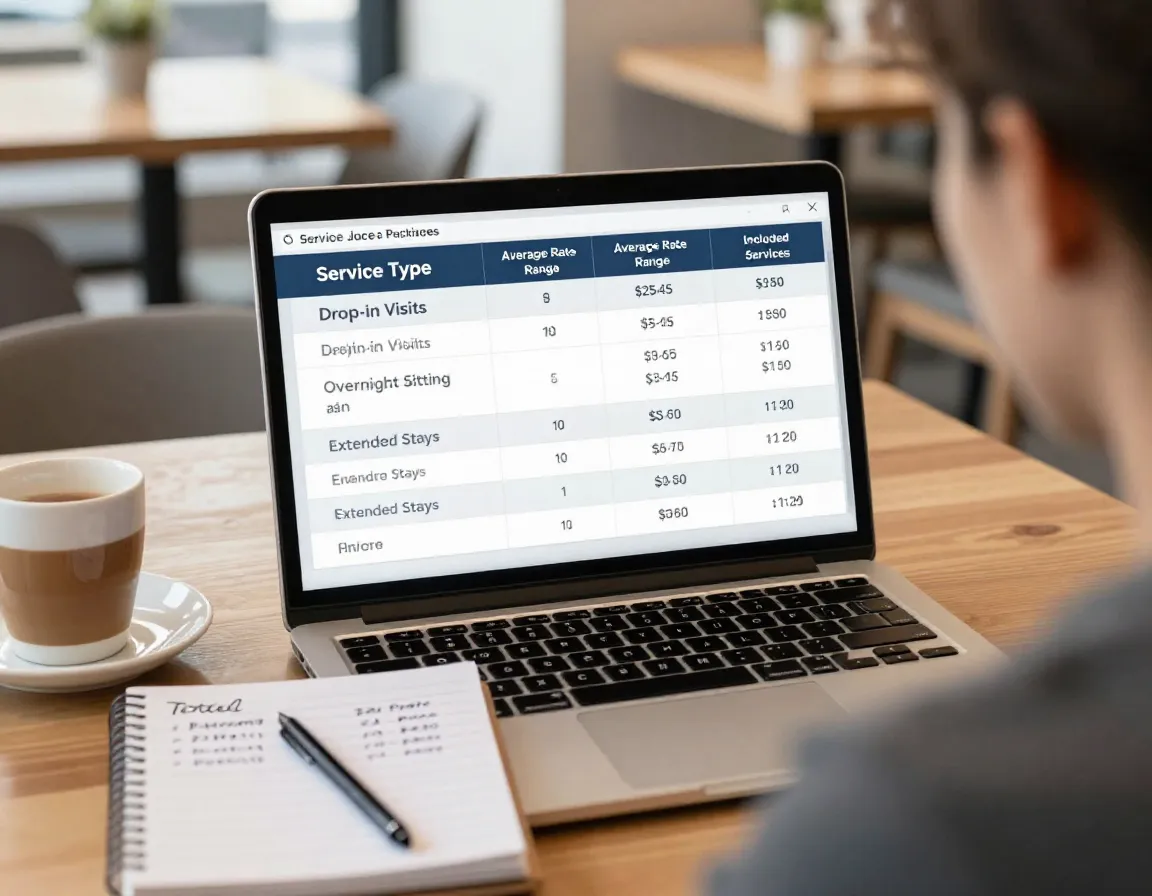 Comparing service packages and pricing on a laptop screen at a cafe