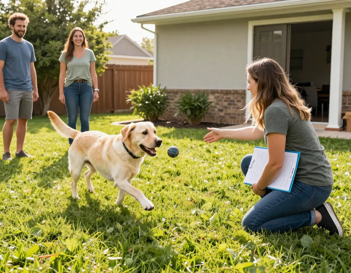 Meet and greet session with sitter playing with dog in family backyard