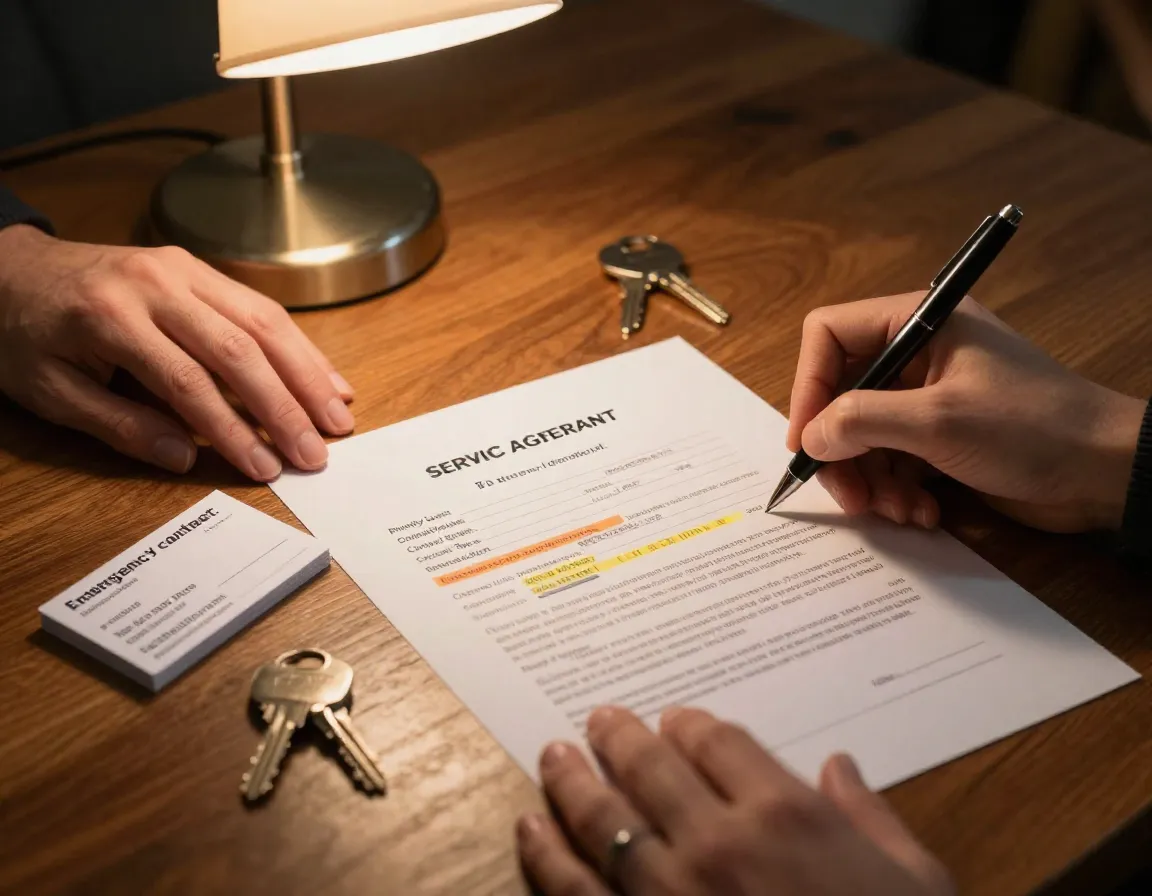 Signing detailed pet sitting contract with emergency contact list visible