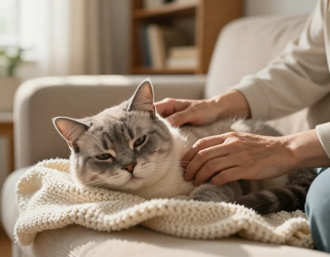Senior cat relaxing serenely with caregiver on comfortable couch