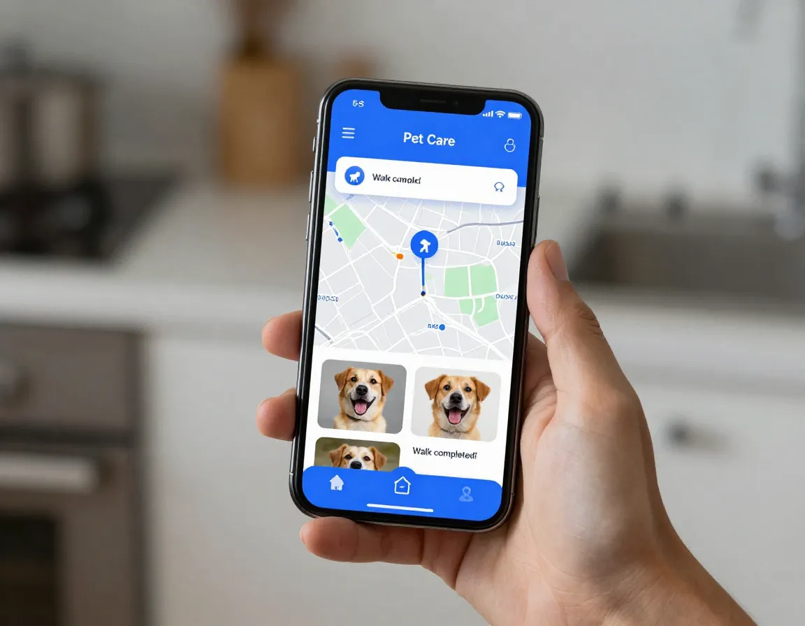 Modern smartphone app with pet care updates and gps tracking map