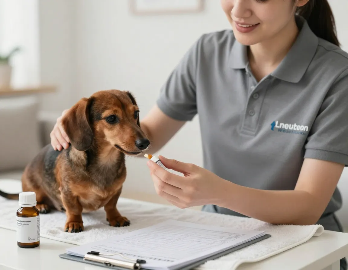 Professional pet sitter administering medication to small dog