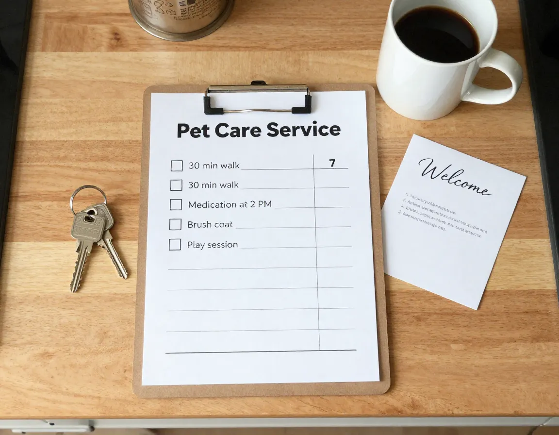 Customizable pet care service checklist on kitchen counter