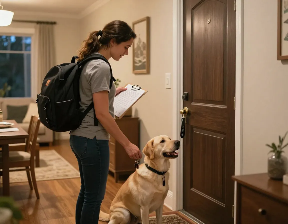 Professional pet sitter arriving for evening overnight stay assessment