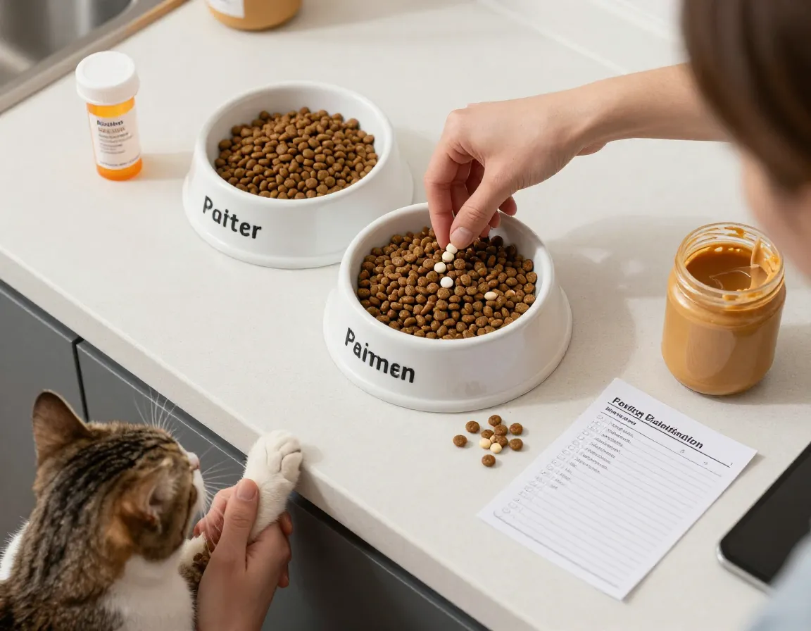 Evening pet feeding and medication administration by professional sitter