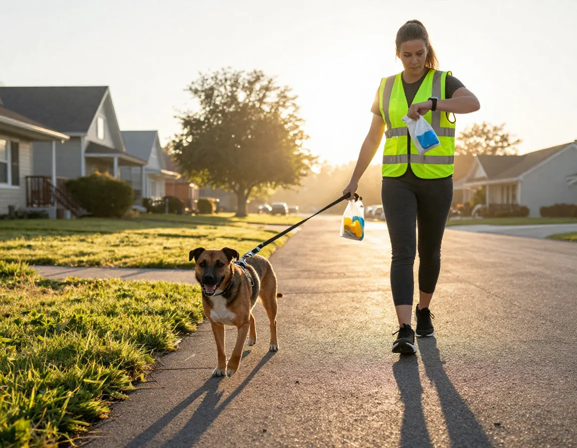 Early morning dog walk exercise routine with professional pet sitter