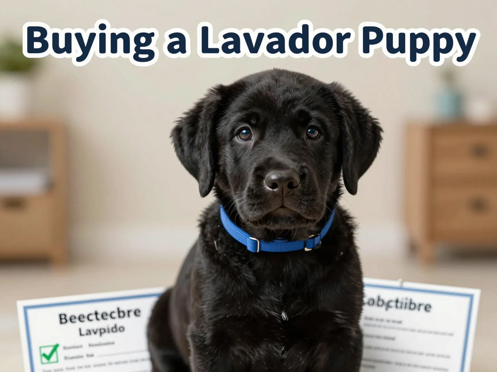 Black lab puppy with health certificate document on wooden table