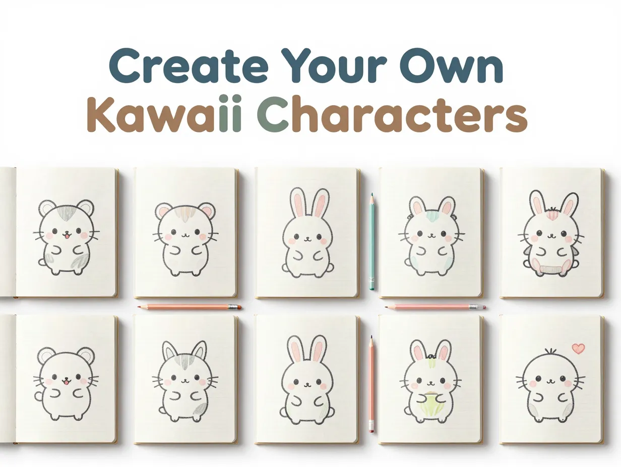 Overhead sketchbook flatlay eight kawaii animal outlines pastel pencils art tools