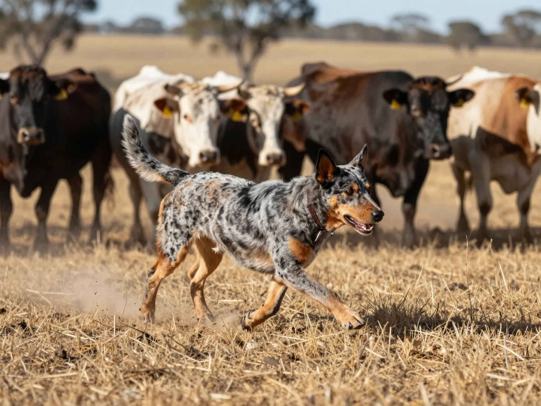 A blue merle australian cattle dog herding cattle on a sun baked outback plain