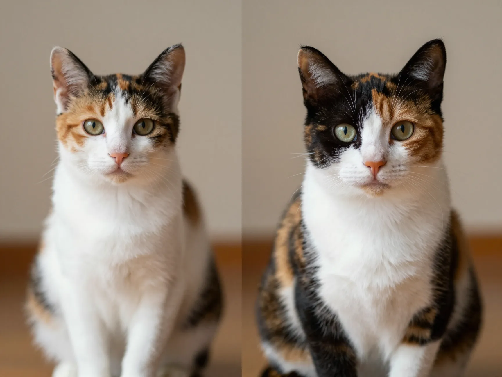 Soft blurry kitten poses beside bold adult calico cat