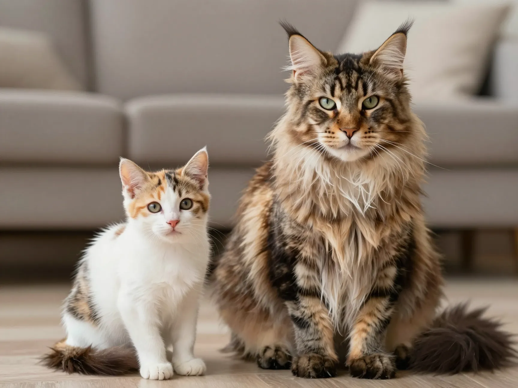 Tiny calico kitten sits near large maine coon calico cat
