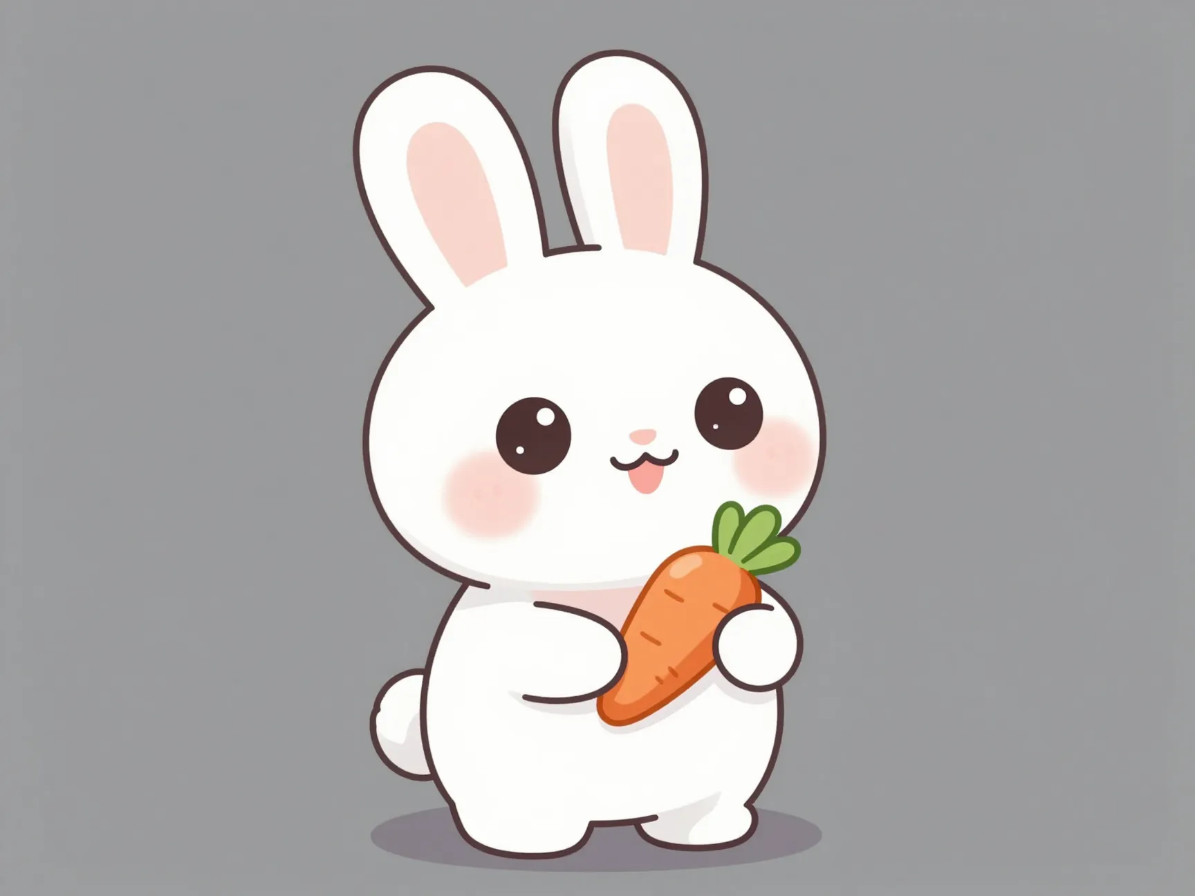 White kawaii rabbit holding a tiny carrot with long rounded ears