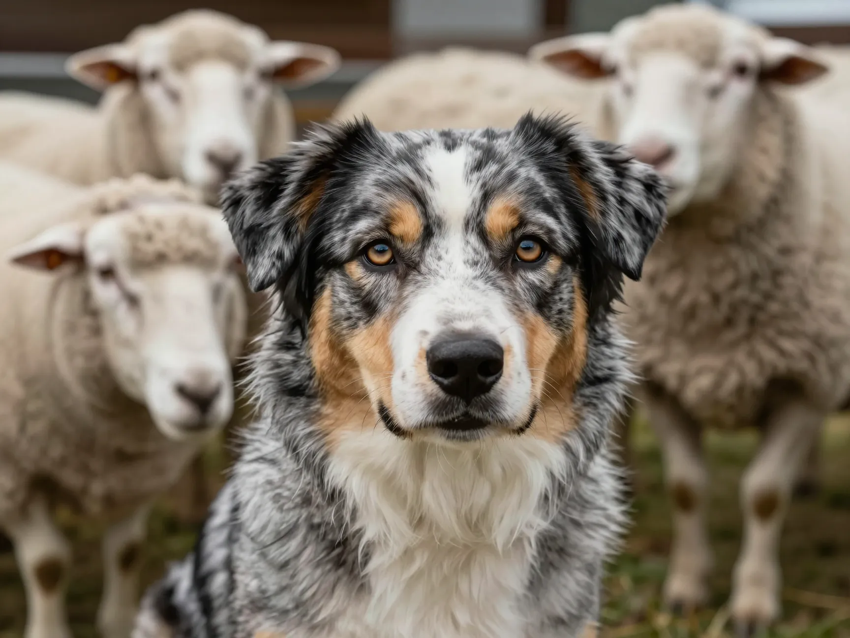 A merle coated australian koolie intently staring at sheep with focused eyes