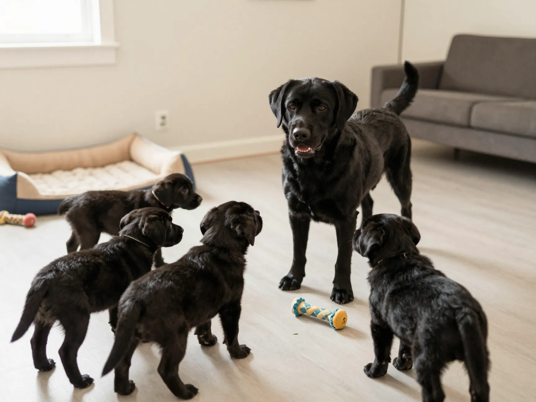 Meeting a calm mother labrador and puppies in a clean home environment