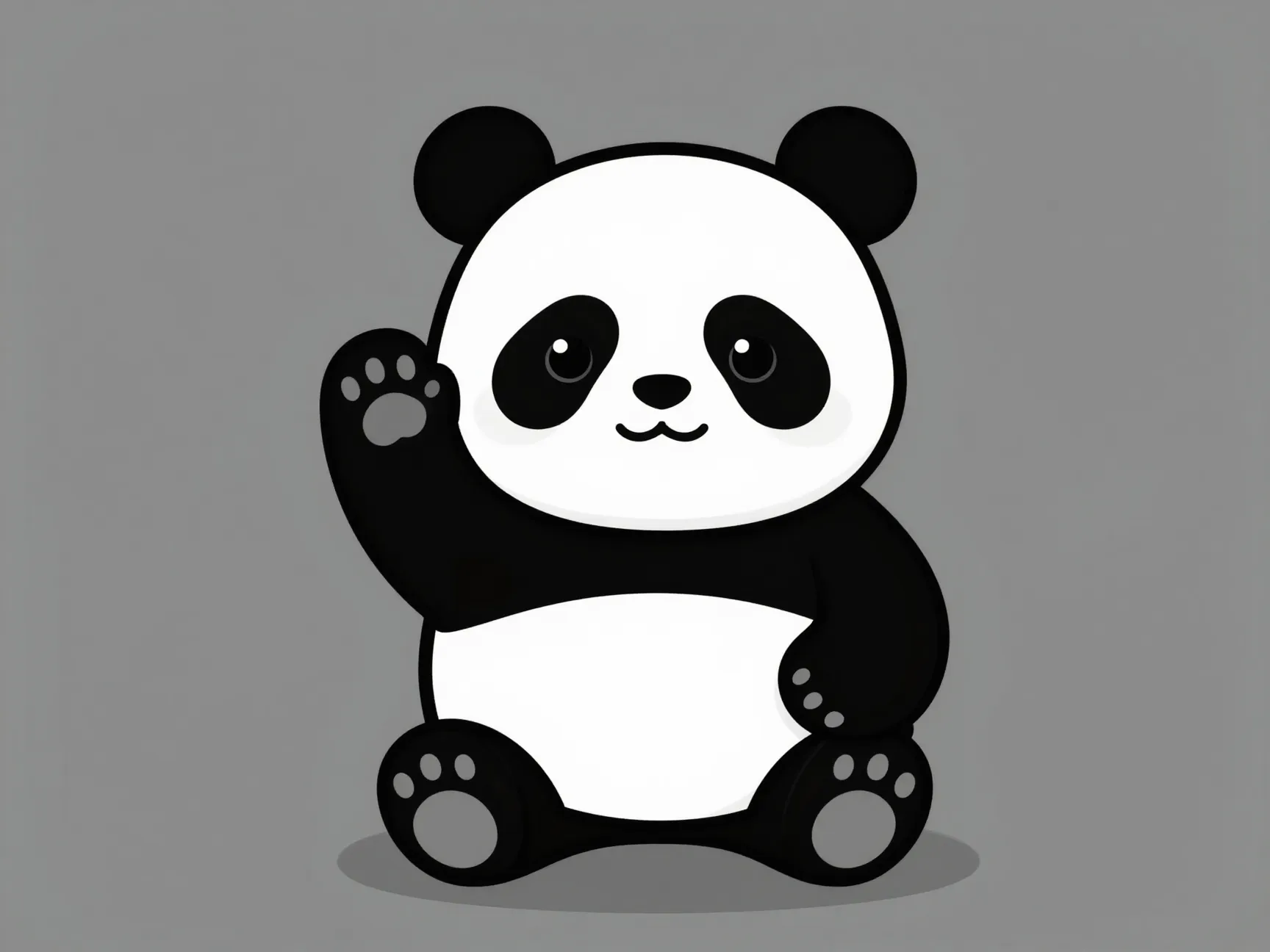 Black and white kawaii panda bear waving with rounded paws