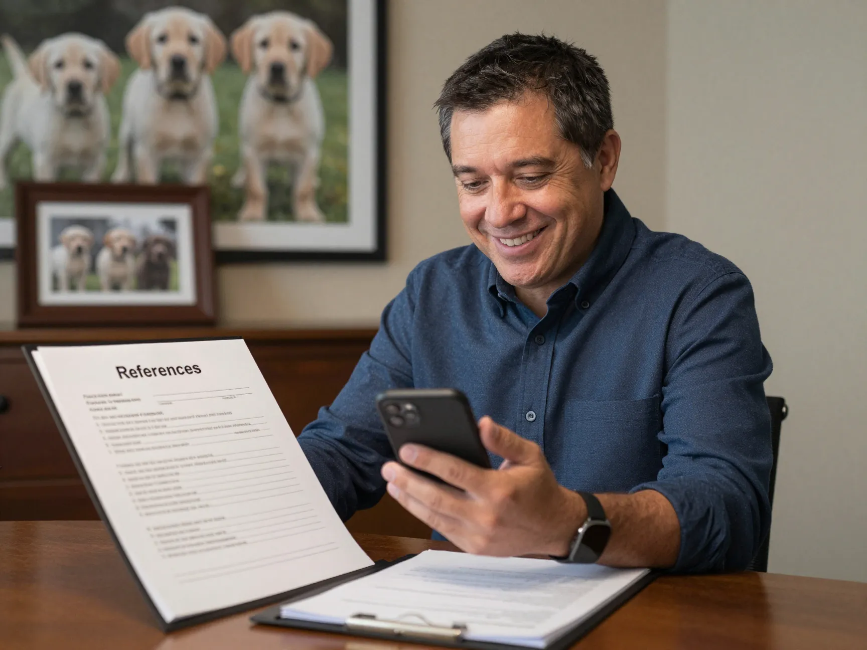 Experienced breeder discussing references with a potential buyer on phone