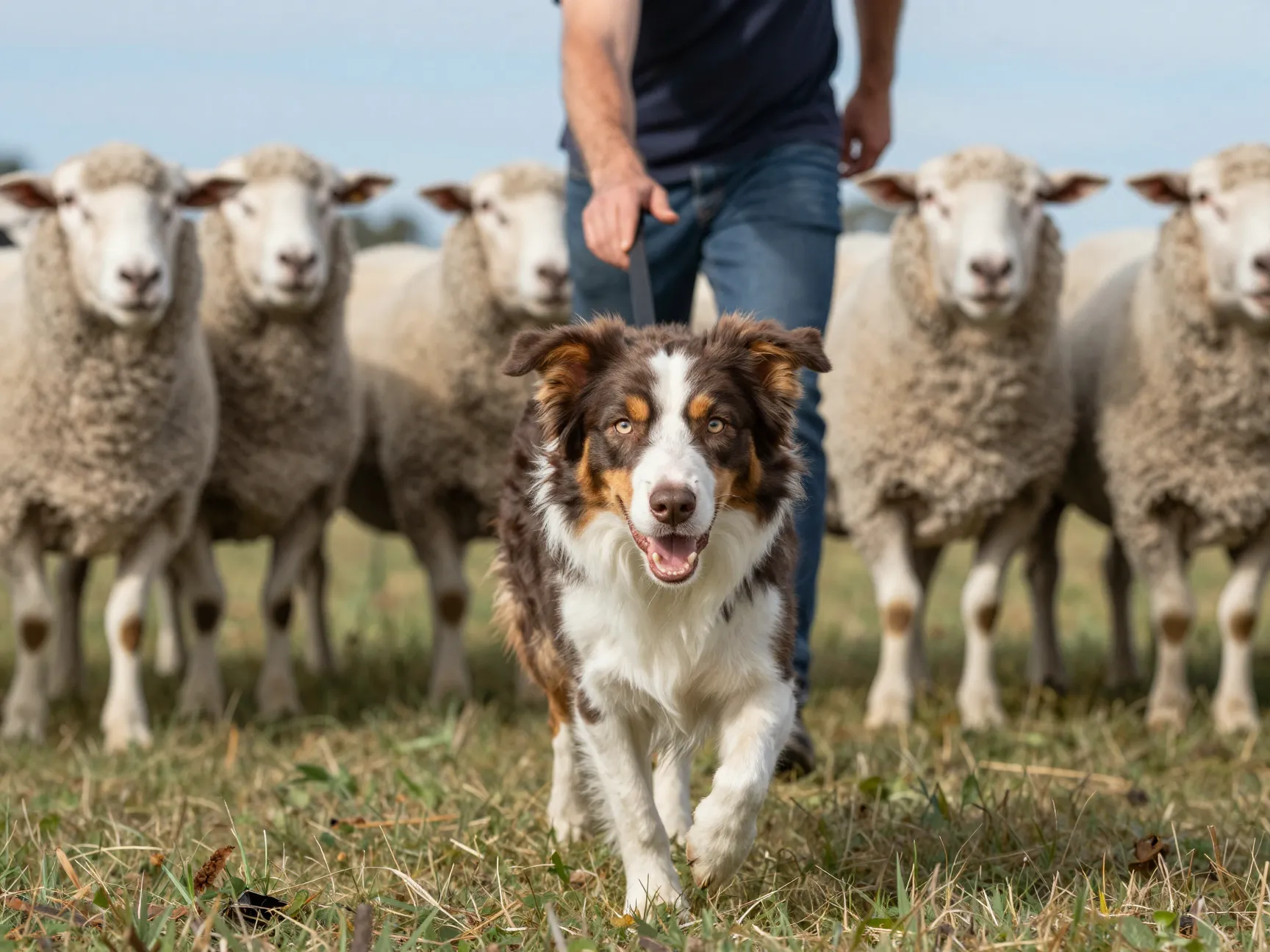 An australian border collie controlling sheep with an intense focused gaze