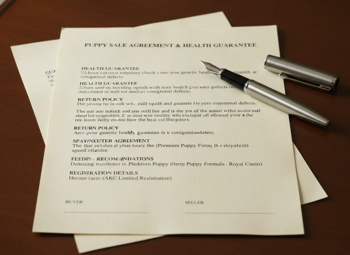 Detailed written contract and health guarantee document for puppy sale