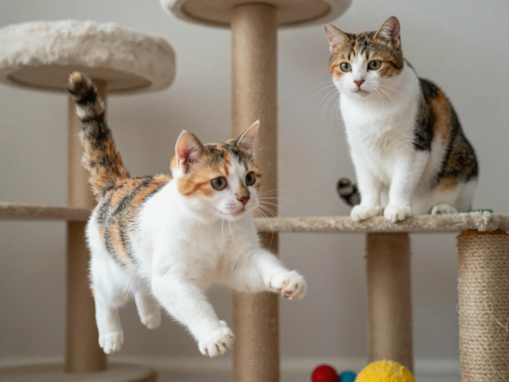 Hyperactive kitten pounces while settled adult calico watches