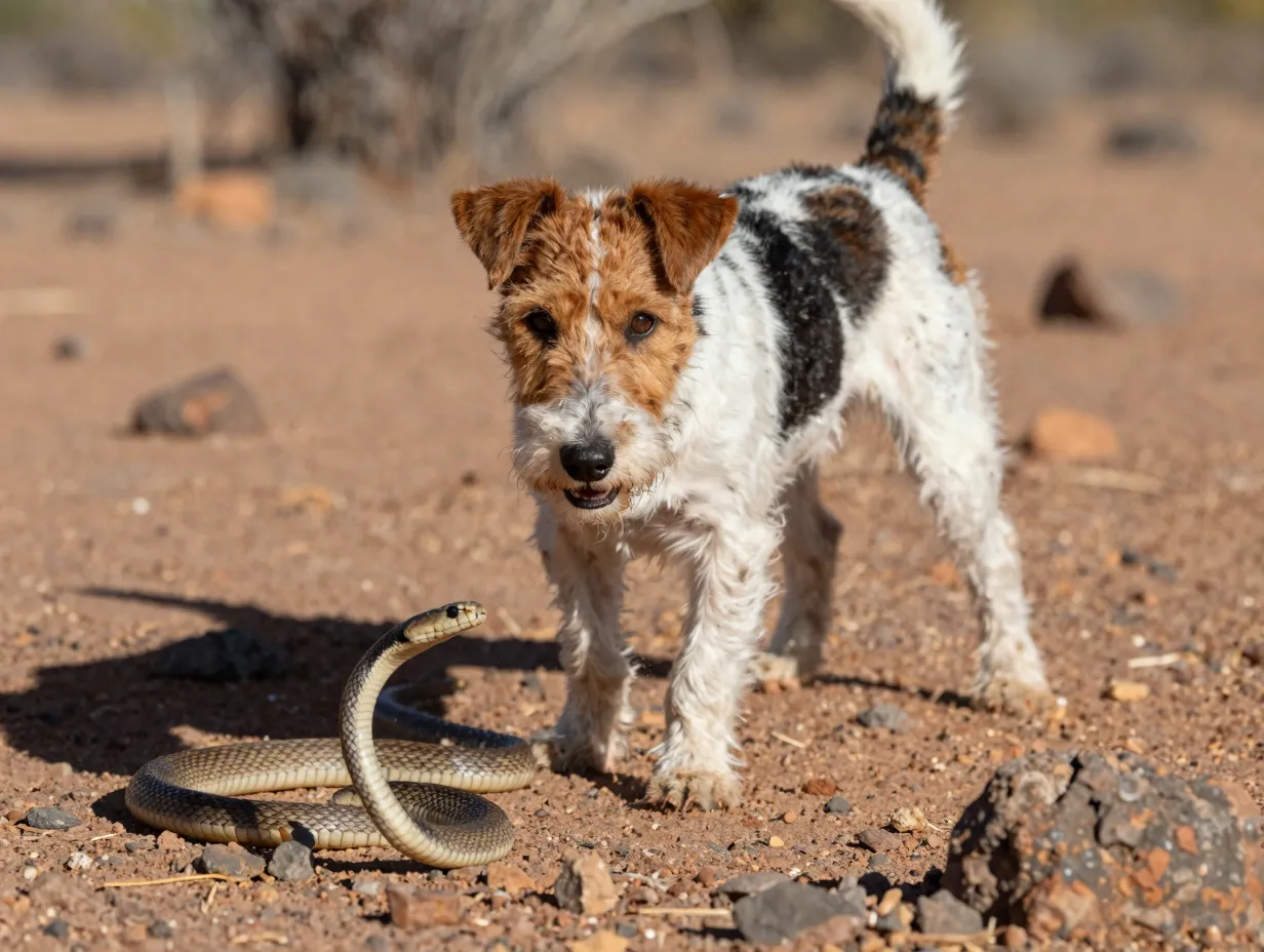 A bold australian terrier confronting a snake in harsh outback conditions