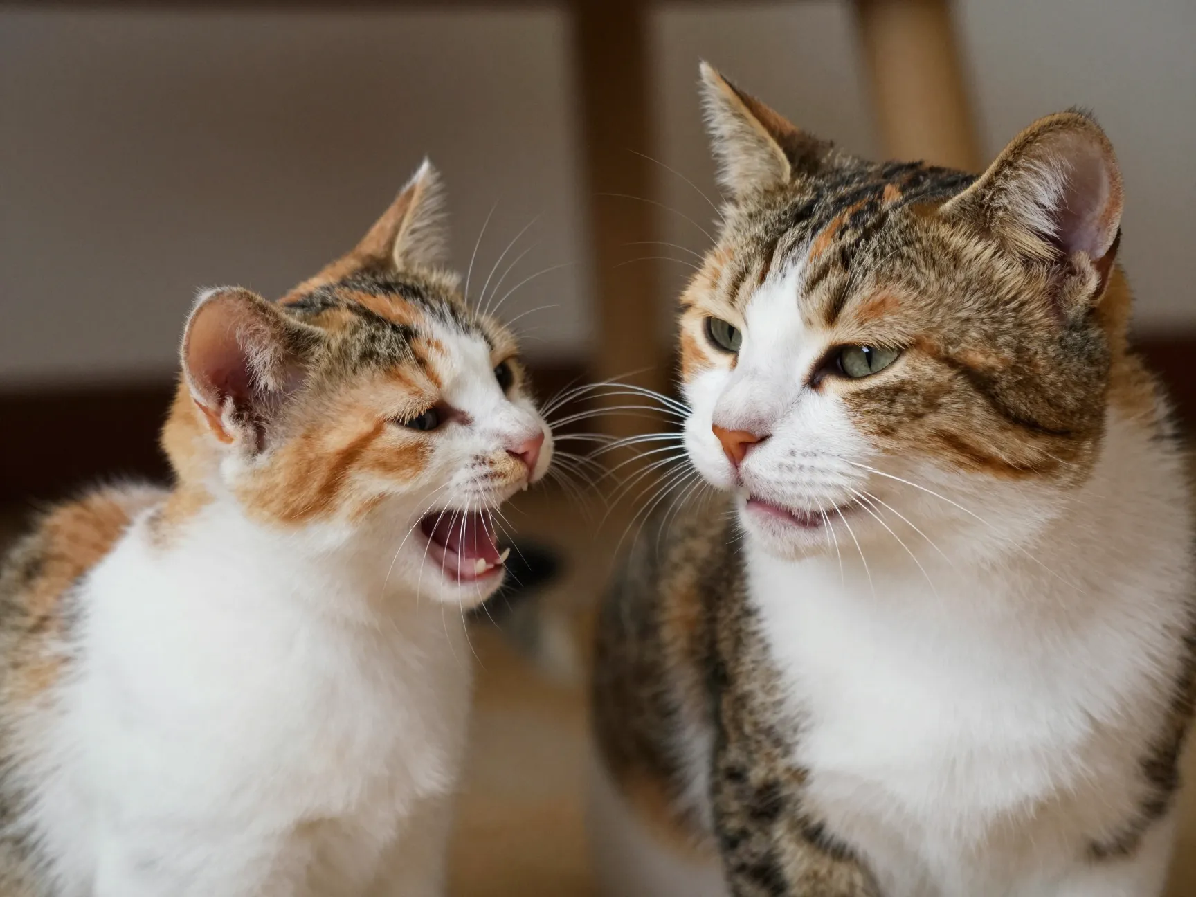 Kitten mews at adult cat communicating with slow blink
