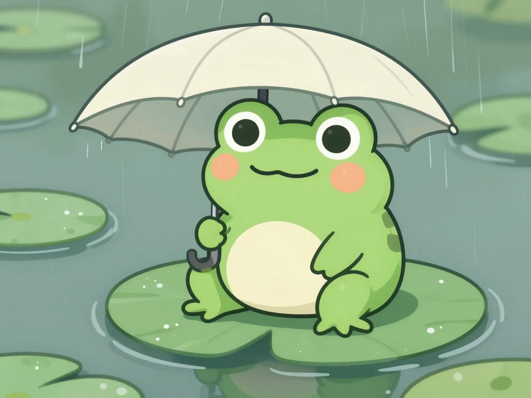 Soft green kawaii frog under a tiny umbrella on a lily pad