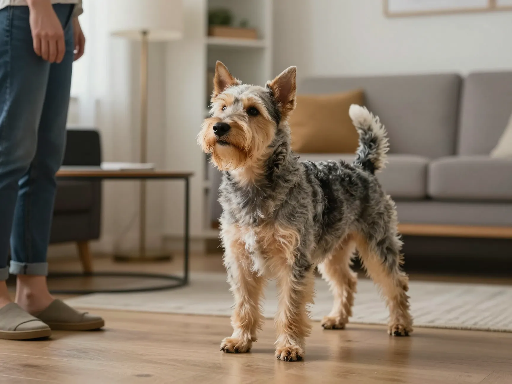 An australian silky terrier alerting its owner in a comfortable apartment setting