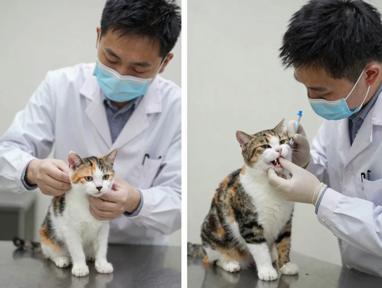 Kitten receives vaccine while adult cat undergoes dental exam