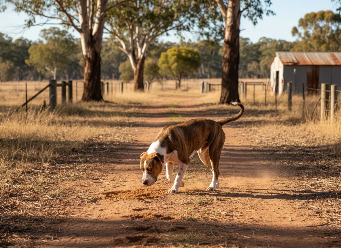 A large bull arab scenting tracks in a rural australian hunting landscape