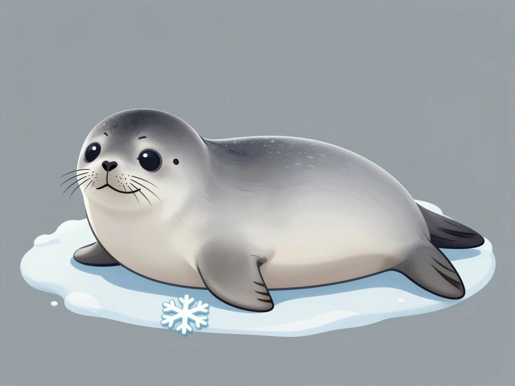 Soft grey baby kawaii seal lying on its side with snowflake