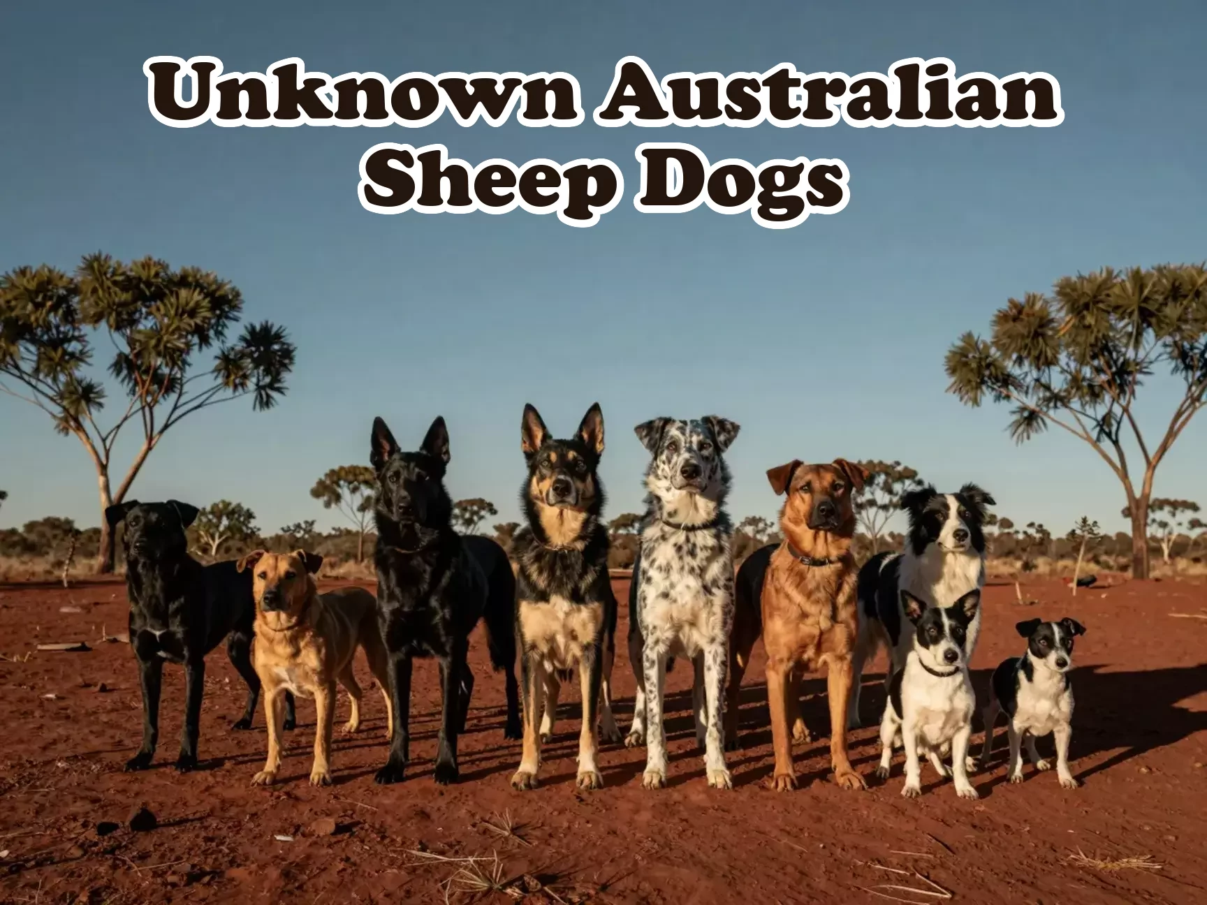 Eight rare australian sheep herding dogs on red outback plain main
