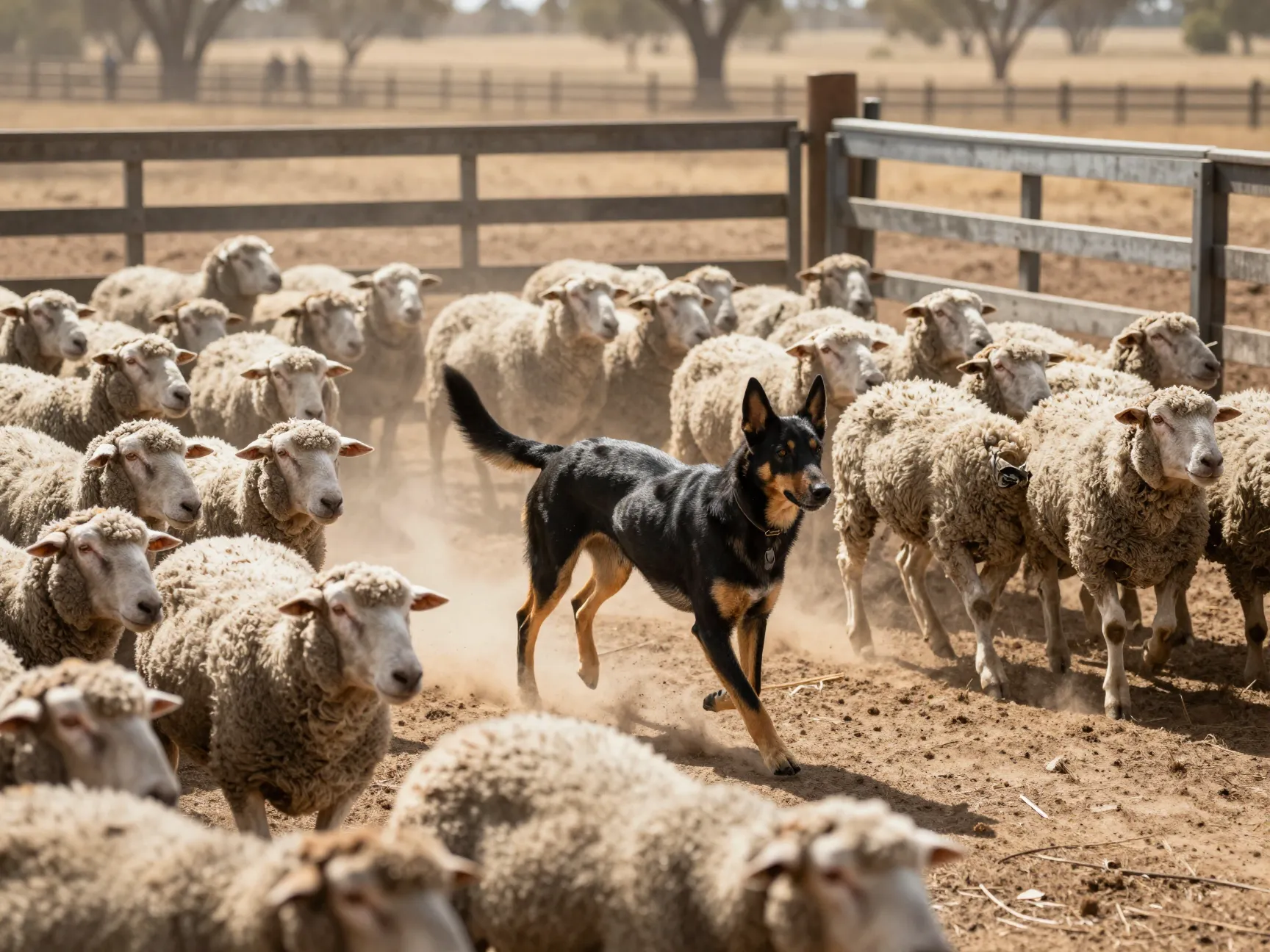 Australian kelpie standing on sheep backs in dusty corral