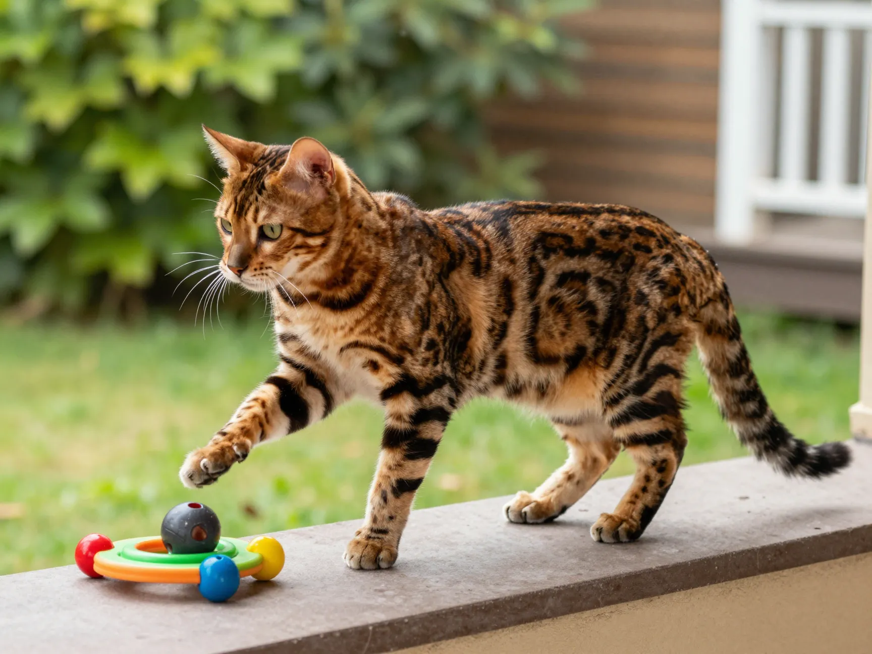 Bengal cat on patio perched with spotted coat and toys