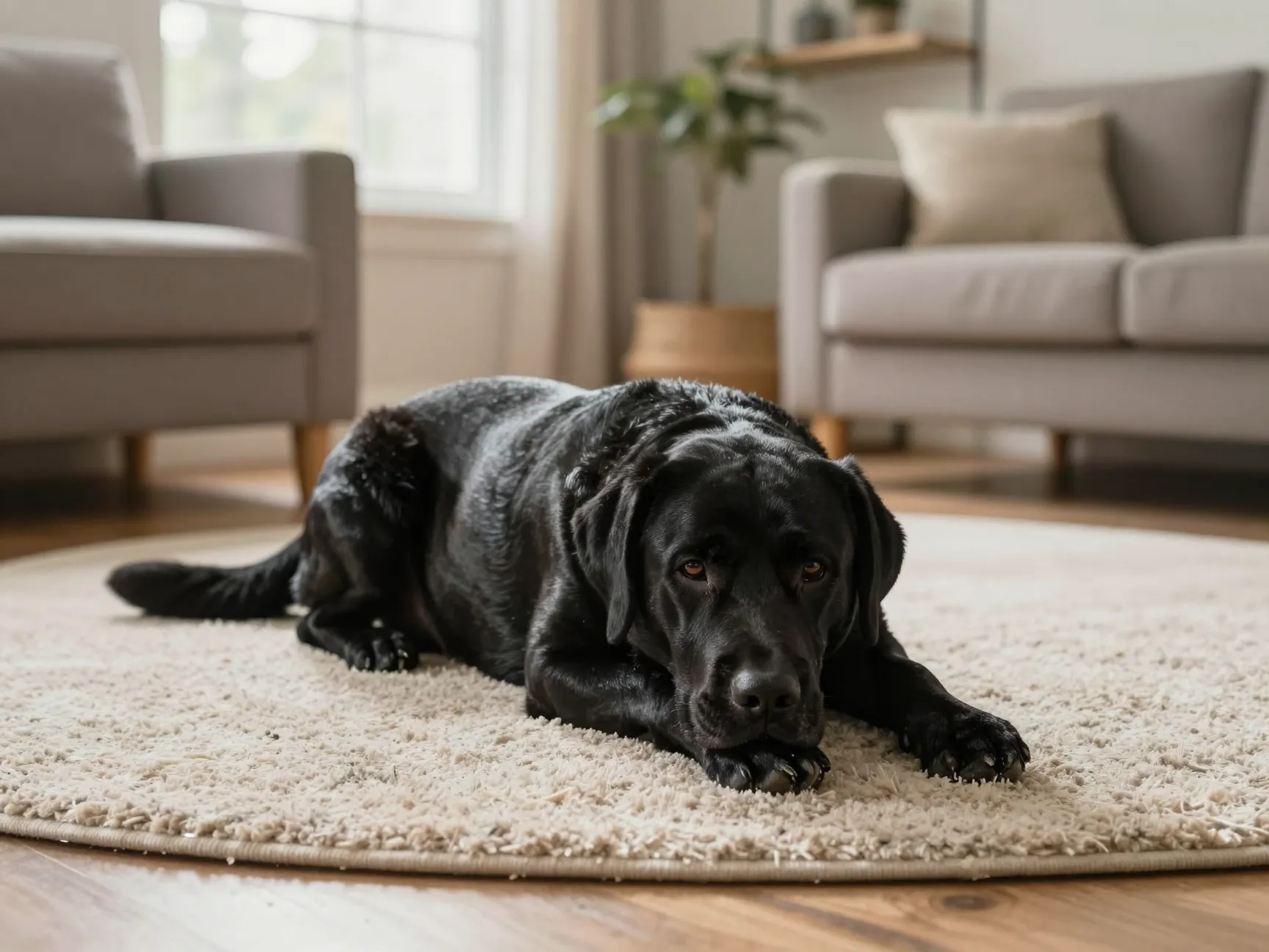 Calm stocky english labrador resting in a serene living room