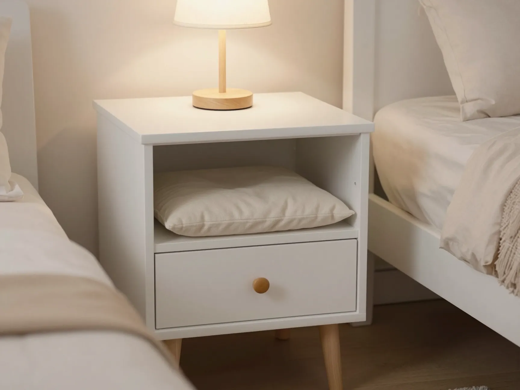Repurposed white nightstand transformed into cozy bedside dog kennel