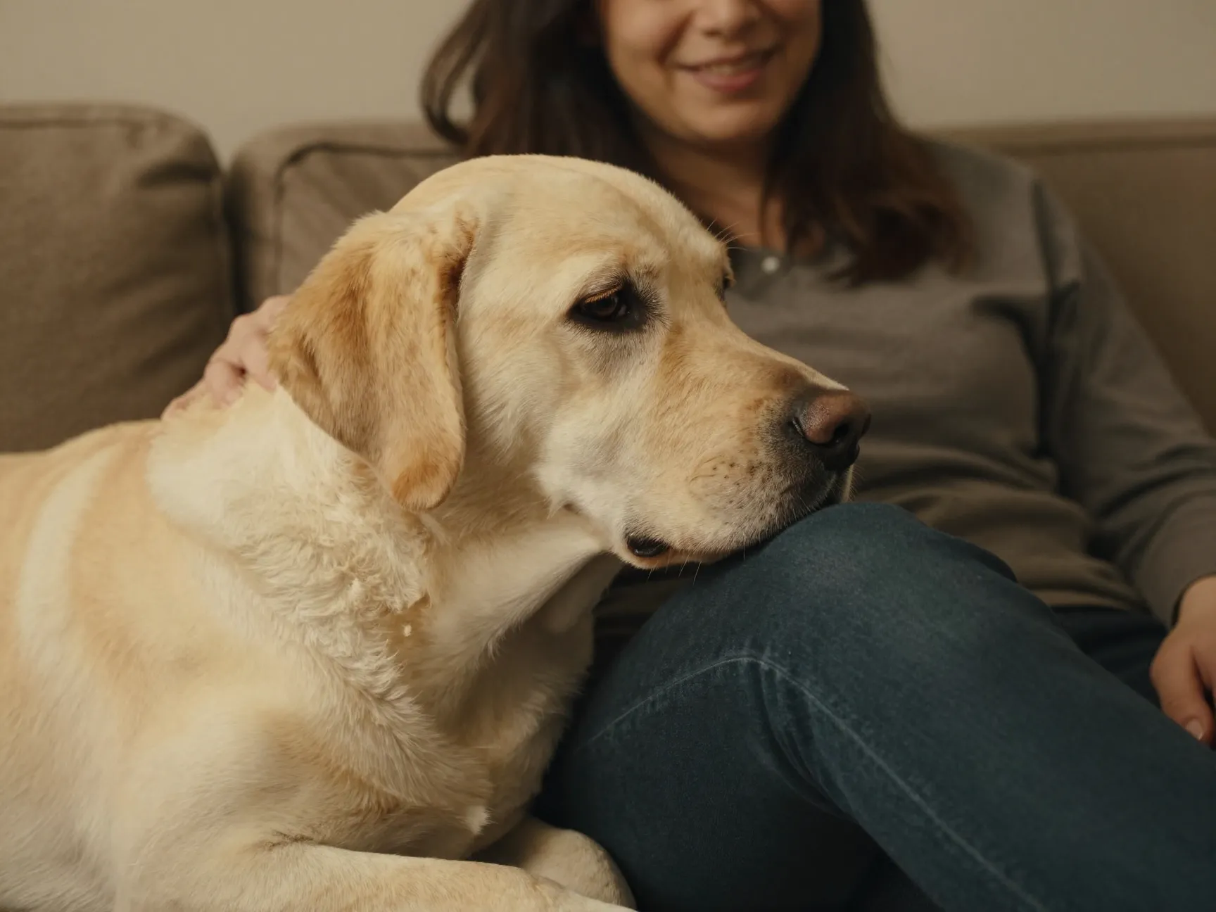 Affectionate english labrador leaning against its owner on a sofa