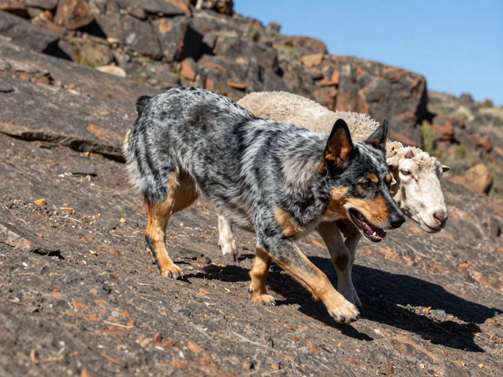 Australian cattle dog heeling sheep on rocky terrain