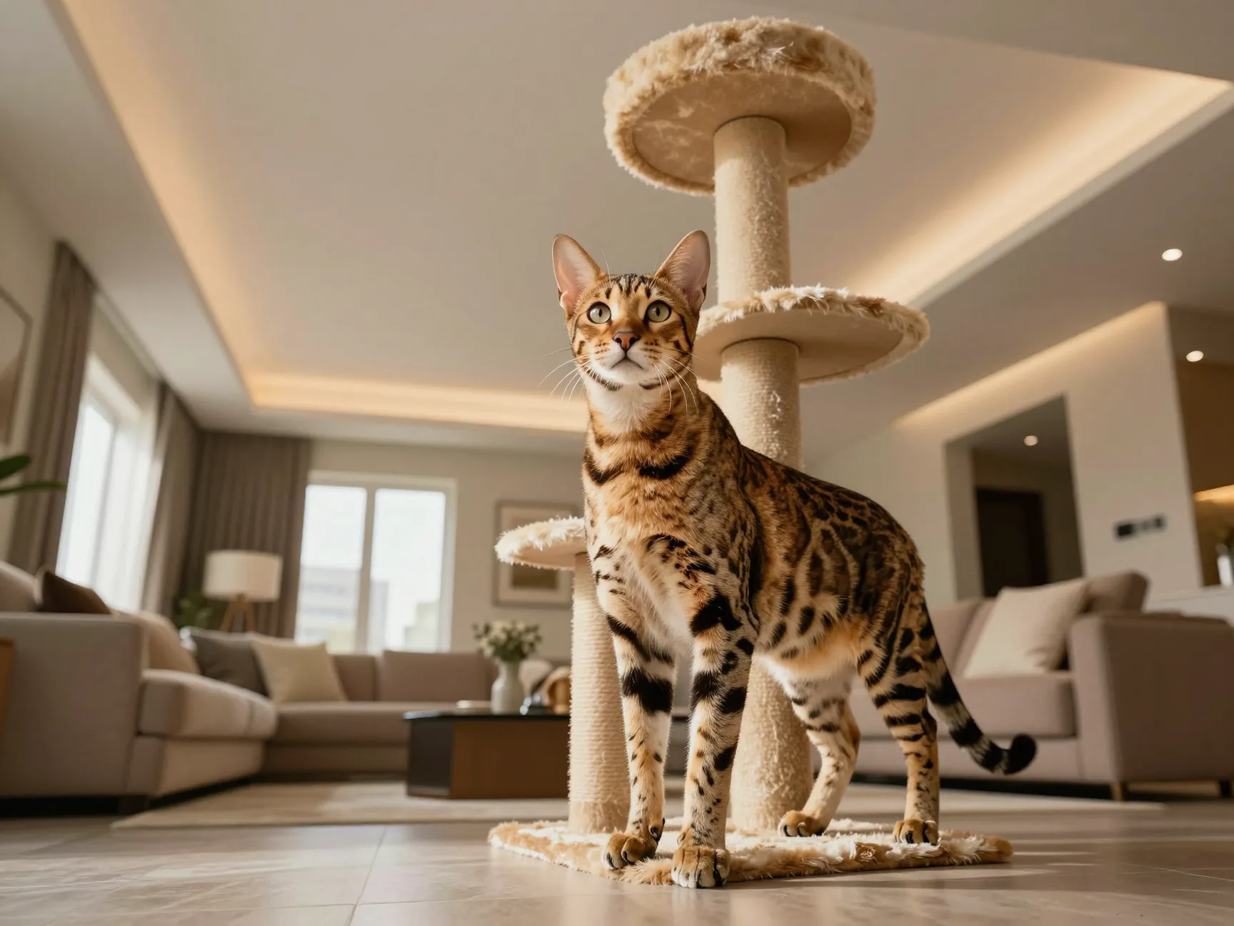 Large savannah cat in living room with tall cat tree