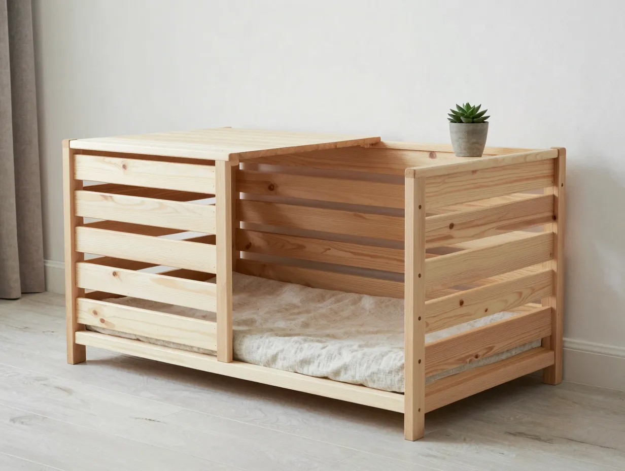 Modern scandinavian horizontal birch slat kennel with linen cushion