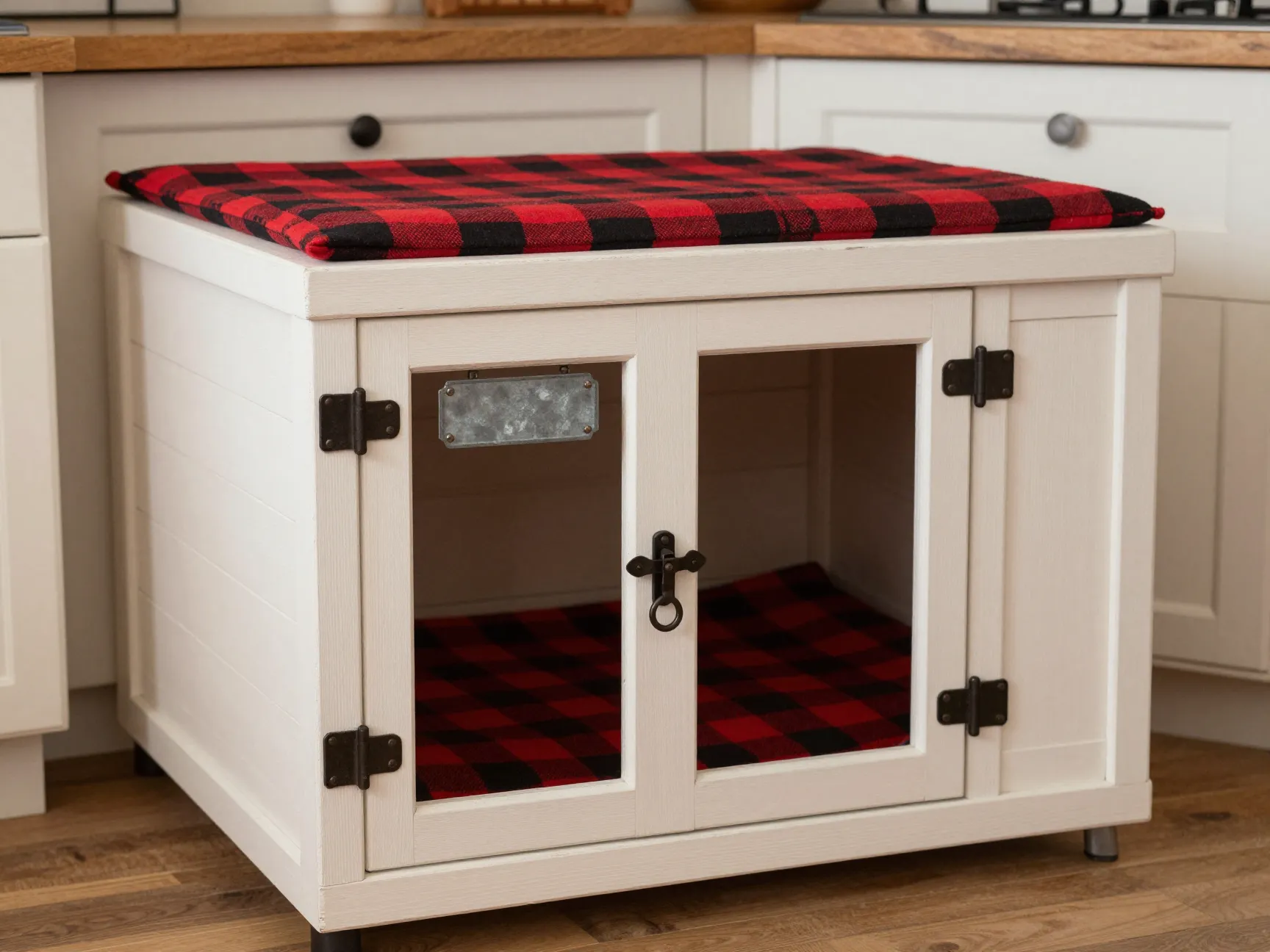 Farmhouse shiplap dog crate with black hardware and plaid cushion