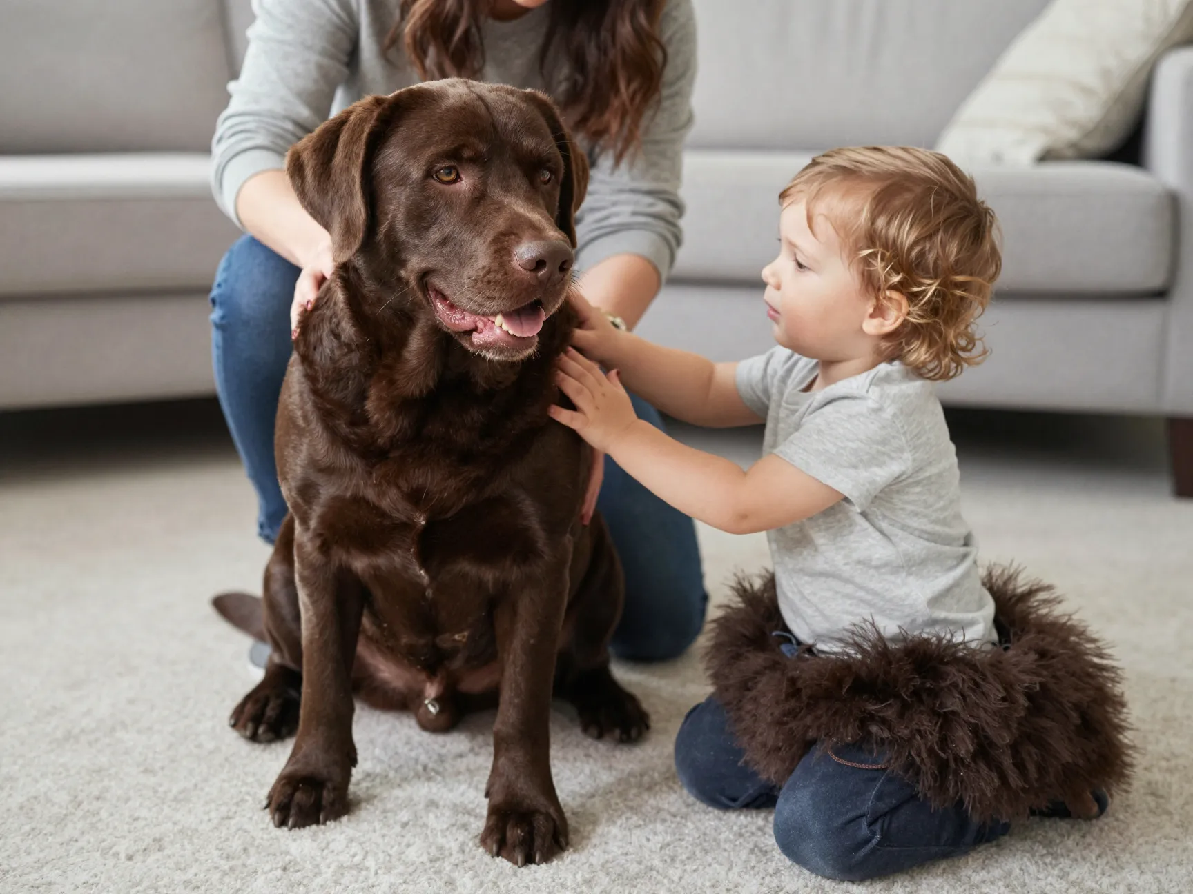 Patient english labrador gently interacting with a toddler child