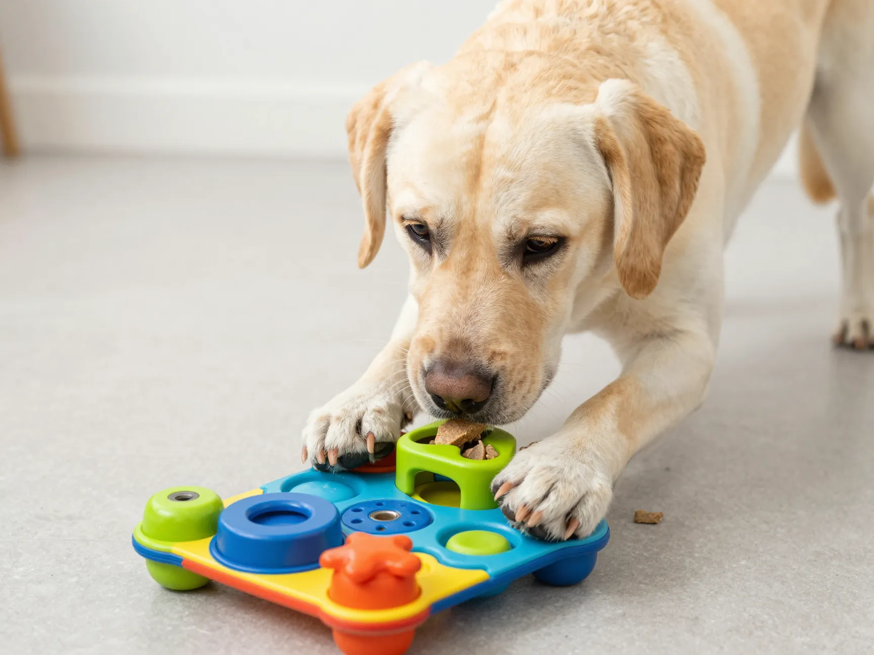 Intelligent english labrador using a puzzle toy for training stimulation