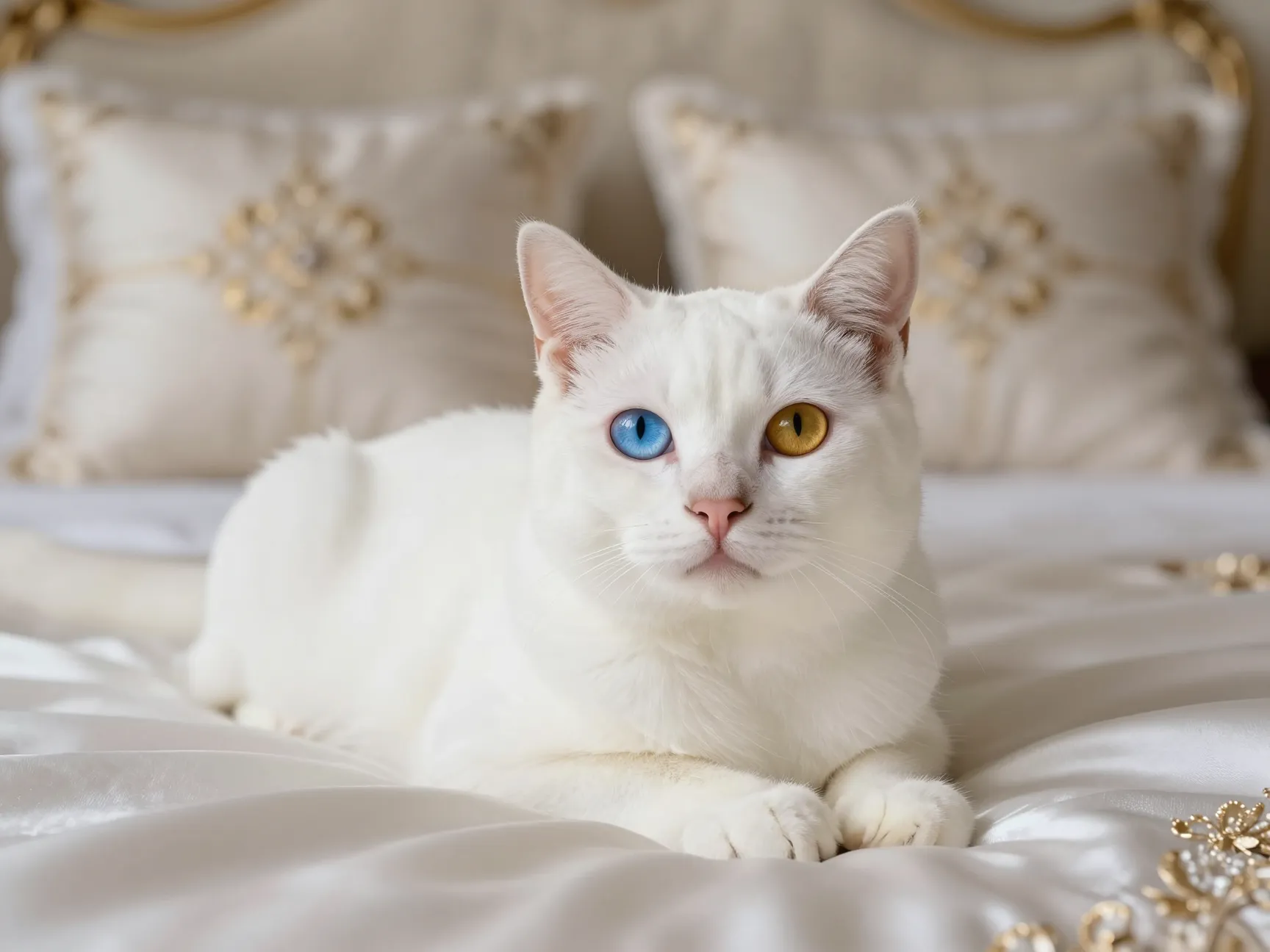 Khao manee cat on luxury bed with odd colored eyes