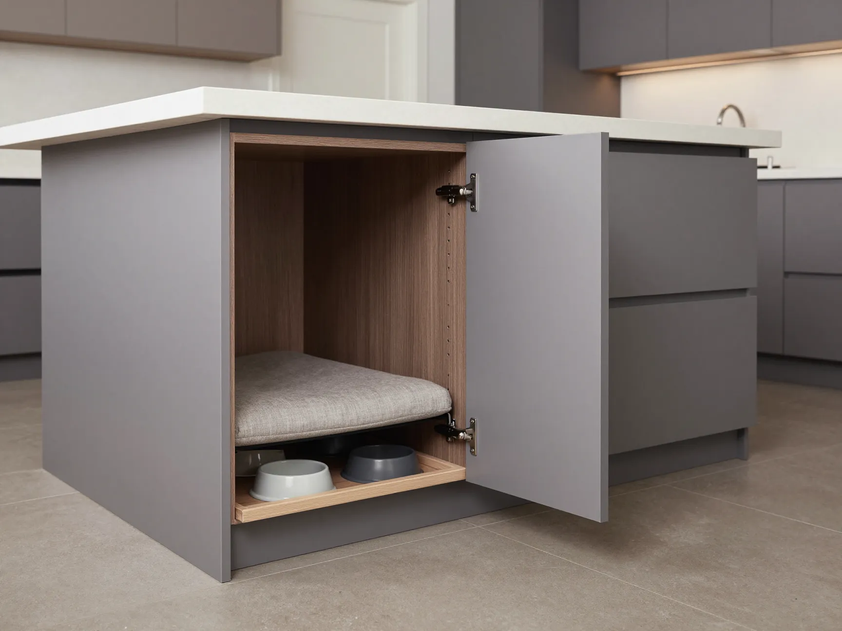 Seamless built in dog kennel integrated under kitchen island