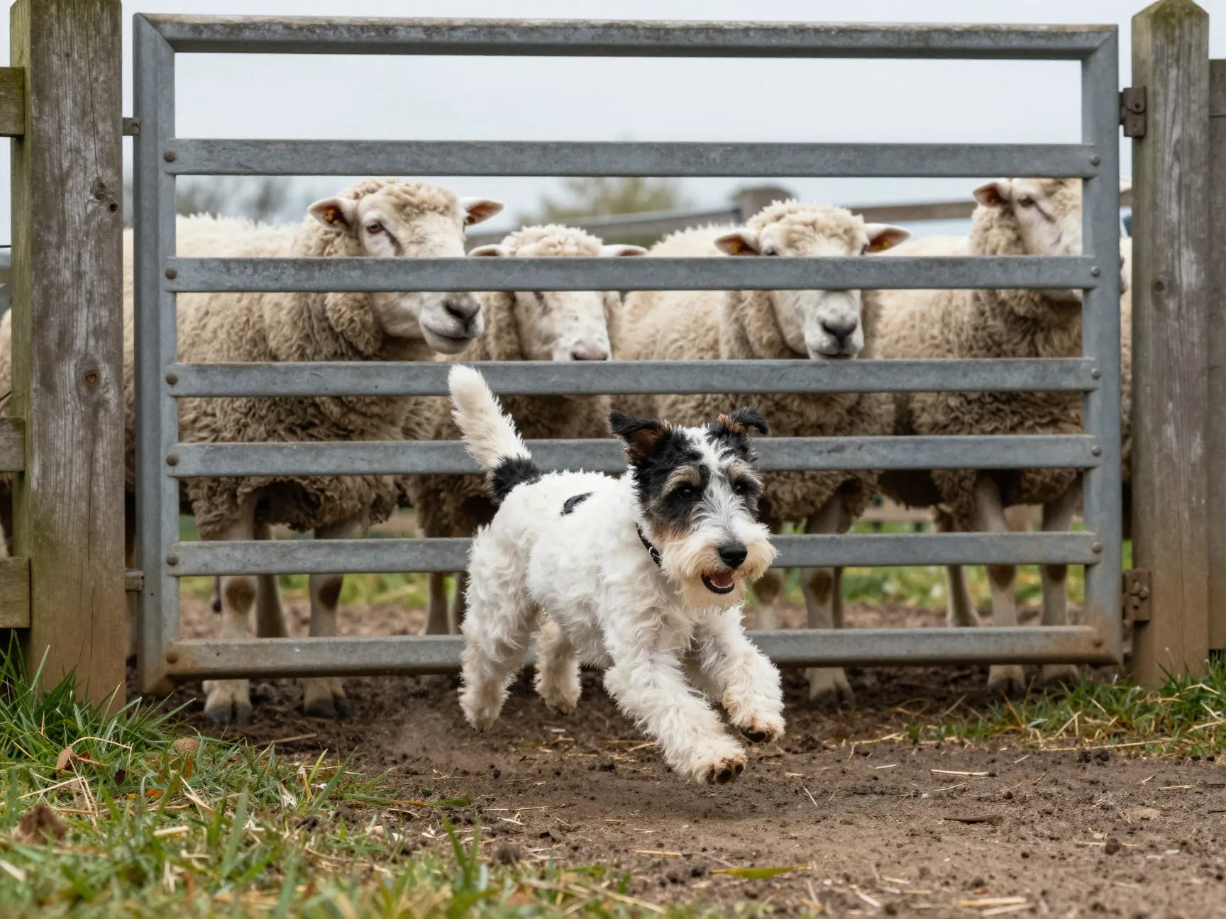 Tenterfield terrier darting under sheep yard gate
