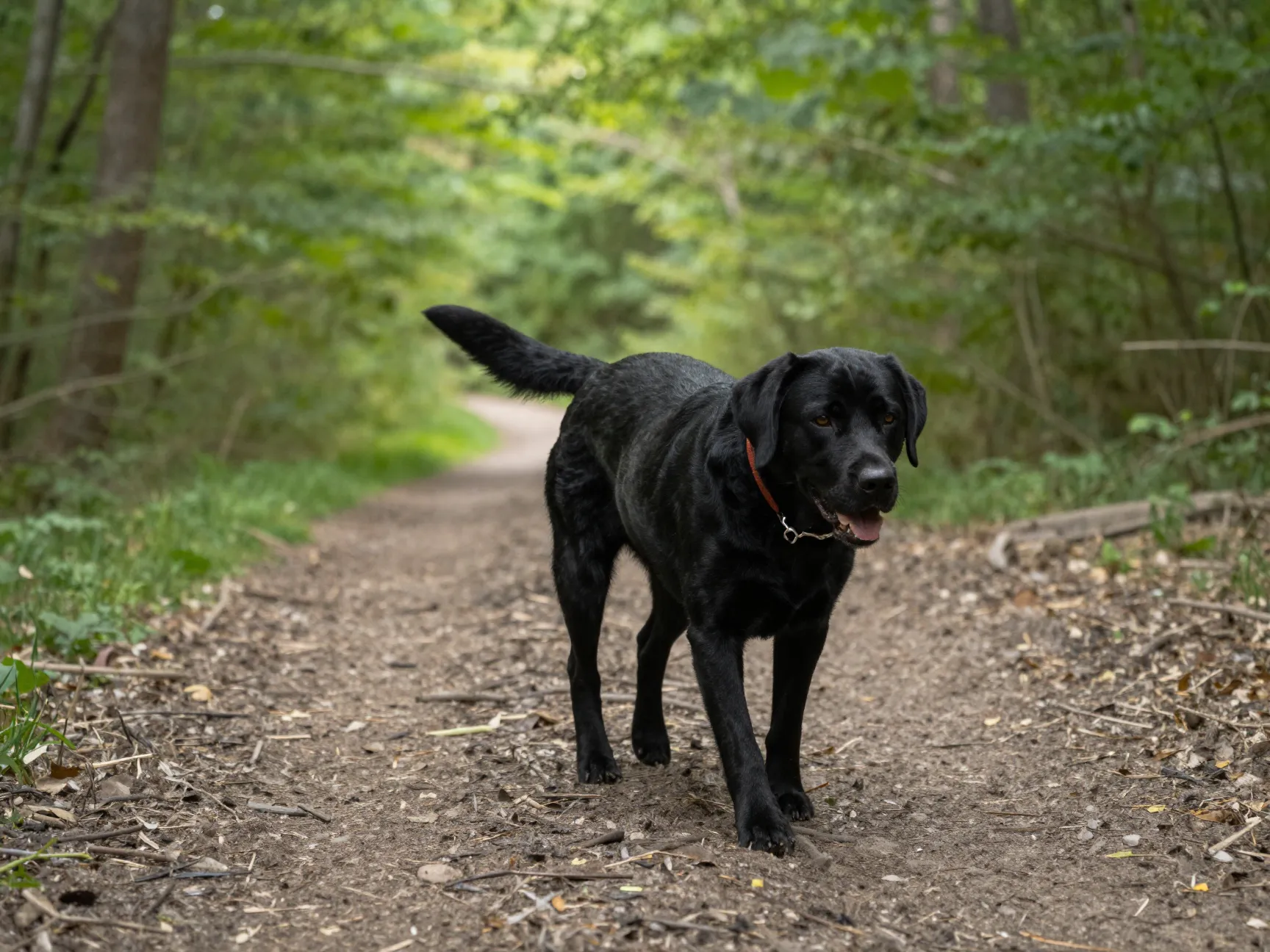 Balanced energy english labrador walking on a leisurely forest trail