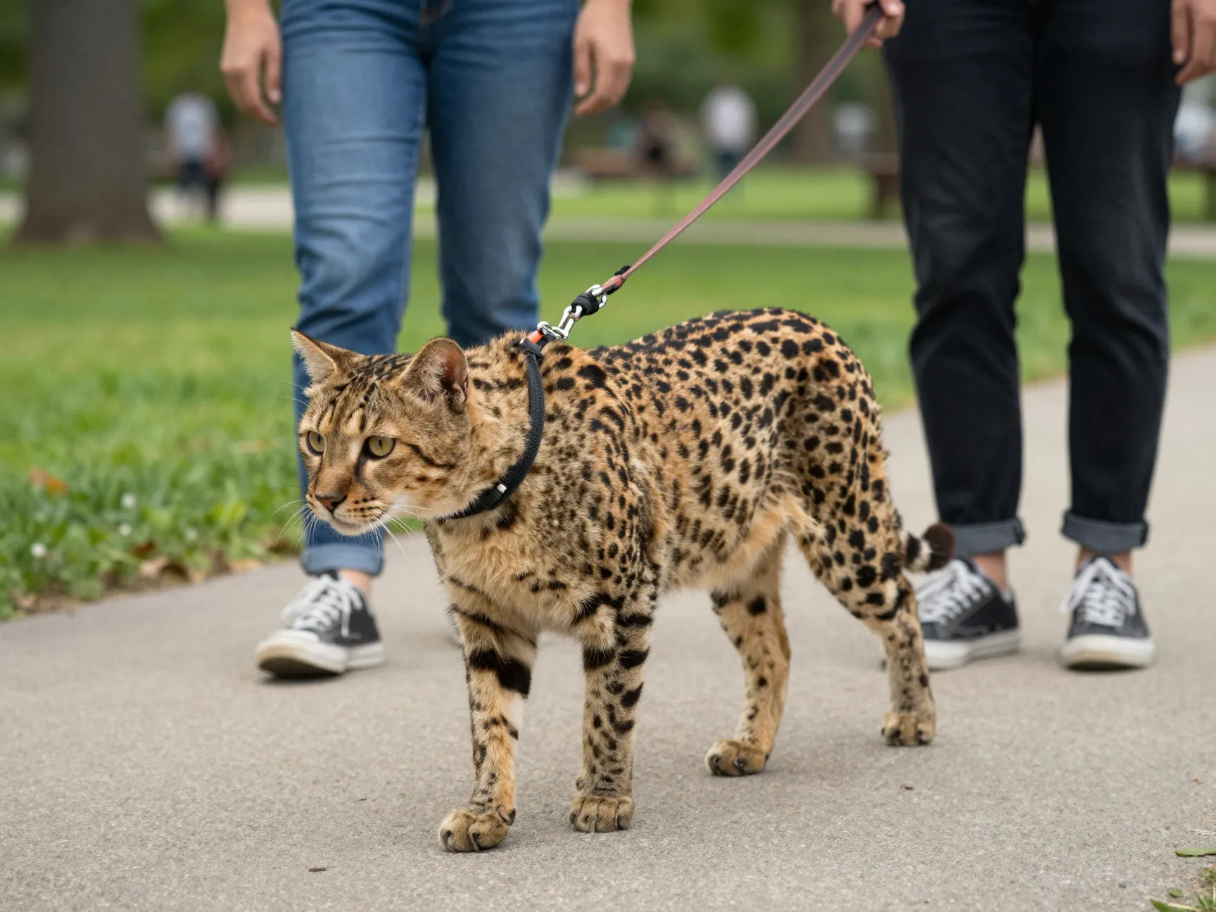 Cheetoh cat on leash in park with gentle giant size